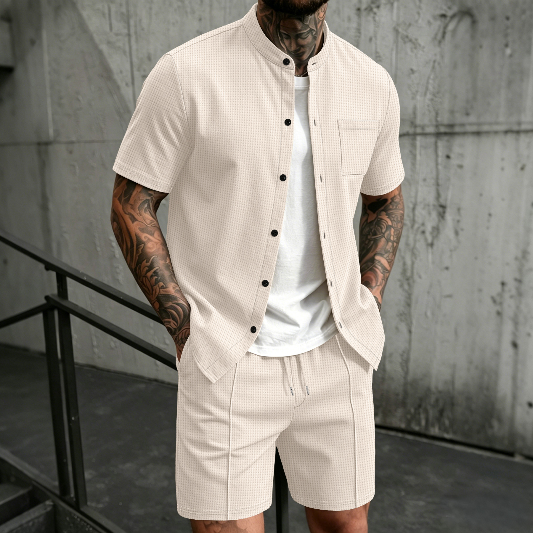 Summer Clothing Sets Men - Men's new summer style waffle plain-color