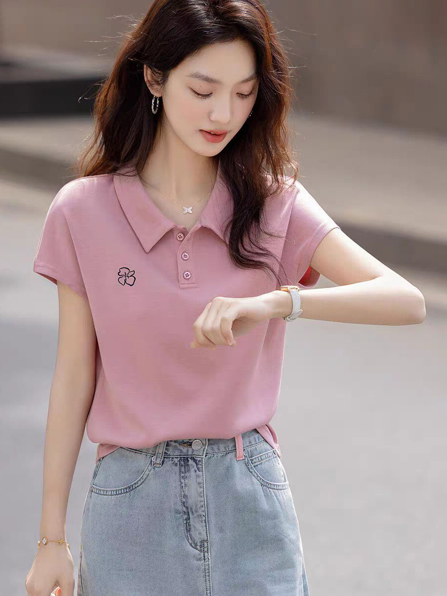 Summer Clothing Outlet - Simple Style Embroidered Neck Short Sleeve
