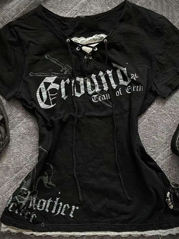 Summer Grunge Clothing - HOUZHOU Vintage Gothic T-Shirts Black Lace