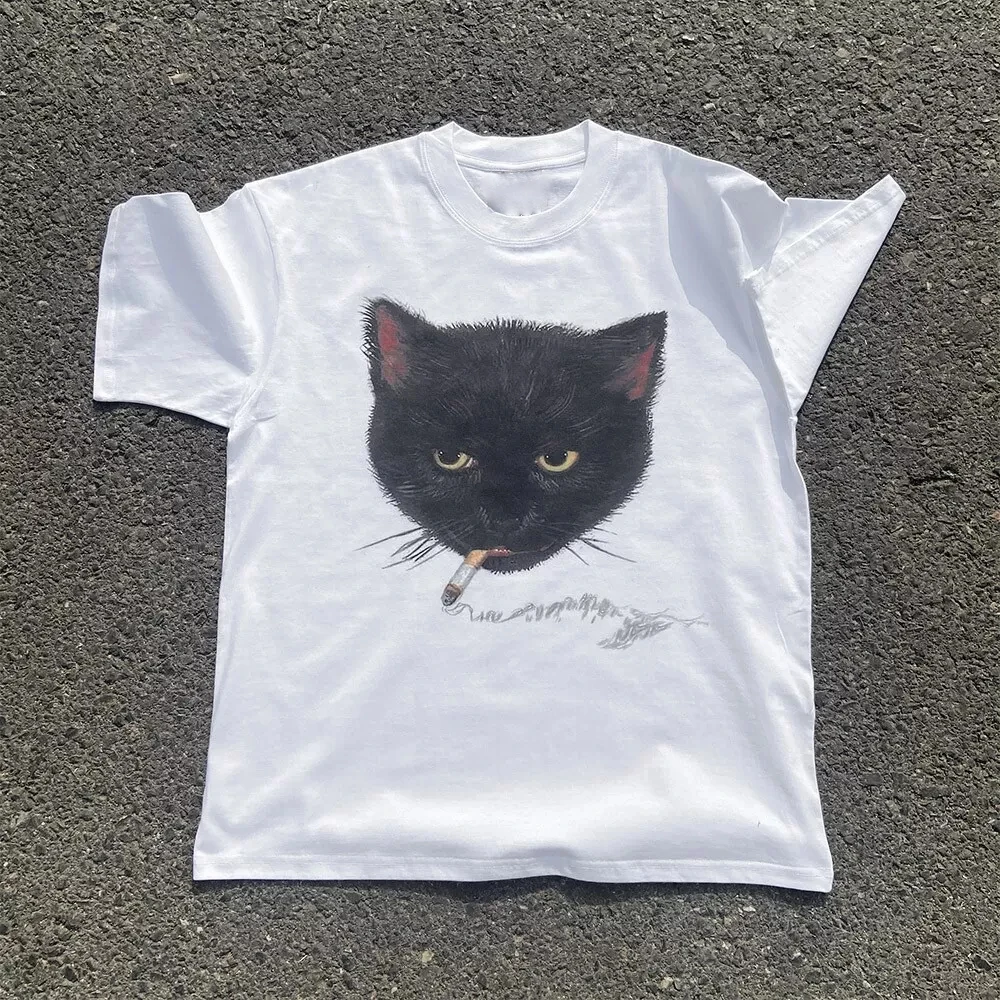 Y2k Wrinkled Cat Graphic Print – Summer Grunge Clothing recenzja i cena